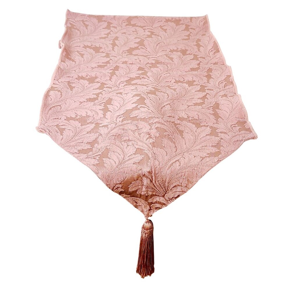 Vintage Pink Damask Table Runner With Tassels 59 inches x 12 inches